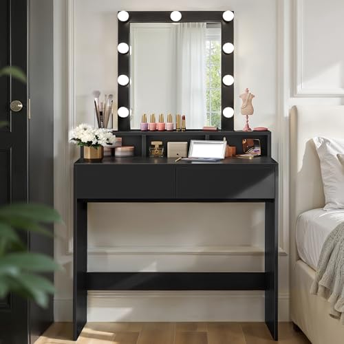 VASAGLE KAILYN Colección - Tocador, Luces LED con Brillo Ajustable, Mesa de Maquillaje con Espejo, 2 Cajones y 3 Compartimentos, Moderno, Negro RDT114T16