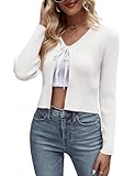 SECRETEYARD Womens Tie Front Cardigan Long Sleeve Rib Knit Shrug for Dress Sweaters Crop Tops White