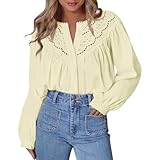 Damen-Tunika, lange Puffärmel, Spitze, gehäkelt, Knopfleiste, Boho, viktorianische Mode, elegant, lässig, Alltag, beige, XL