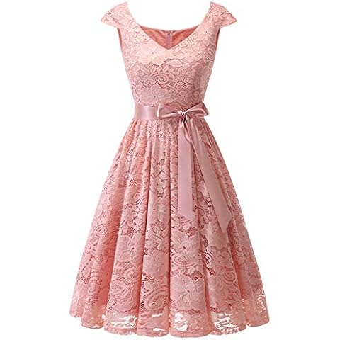 Meetjen Women's Short Bridesmaid V-Neck Floral Lace Dress Cocktail Formal Swing Dress with Cap Sleeves Blush XS Cover