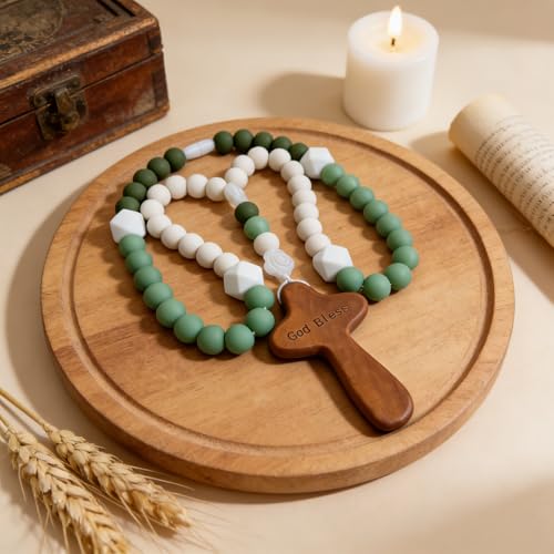 JULYXI Baby Boy Baptism Silicone Rosary, God Bless First Rosary with Cross, Christian Catholic Communion Gift for Baby Shower & Baptism Party Supplies (Green, Square)