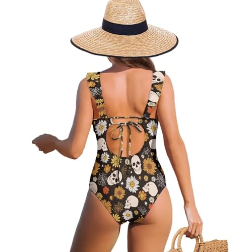 Womens One Piece Swimsuits Tummy Control Ruffle Tie Back Bathing Suit High Waisted Tie Back Swimwear Size XS-2XL2