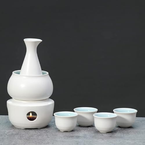 Japanese Sake Sets With Warmer, 7-Piece Saki Set Include 1 Sake Pot, 4 Sake Cups, 1 Candle Stove And 1 Warming Mug Traditional Hand-Made Depict Ceramic Carafe Decanter Set #TOP1