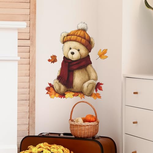 Vinilo decorativo oso con hojas de otoño, removible y resistente al agua miniatura 5