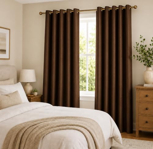 Image of Polyester Eyelet Door Curtain, Solid Plain Light Filtering Curtain for Bedroom, Living Room & Home Office, 7 Feet (84 x 48 Inch), Brown, Pack of 2