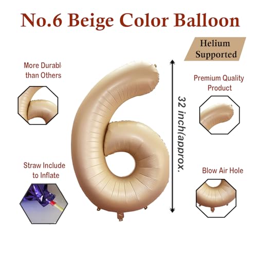 Image of Solid Beige 6 Number Foil Balloons 32 inch toy 6th Birthday Party Decoration Helium Supported