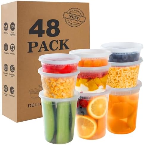 48 Sets Of Round Clear Food Containers – 8, 16 & 32 Oz Microwave/Freezer Safe Cups With Lids
