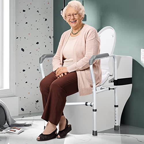 Gymax Toilet Safety Frame & Rail, Adjustable Free-Assembly Medical Bathroom Assist Frame For Elderly With 360° Rotatable Clip, Non-Slip Heavy Duty Stand Alone Disabled Toilet Riser Handrail Grab Bar #TOP6