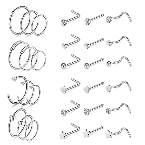 Thokono Juego de 30 piercings para la nariz, de acero quirúrgico 316L, para la nariz, aro en forma de L, calibre 20, para hombre y mujer, plata Cover