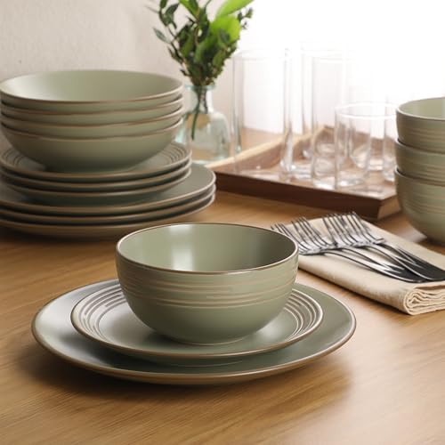 Image of Gibson Home Chiswick House 16-Piece Stoneware Dinnerware Set, Round Plates and Bowls Set for 4, Green with Wax Relief Embossed Rim Detail, Dishwasher Safe - Dinner Plate, Salad Plate & Cereal Bowl