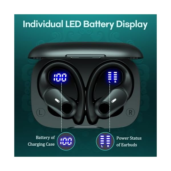 GOLREX Ear buds Wireless Earbuds Bluetooth Headphones 80H Playback Wireless Charging Case Dual LED Display Over-ear Sports Earphones with Earhooks Button Control Hi-Fi Audio for Workout Running Black - Image 3