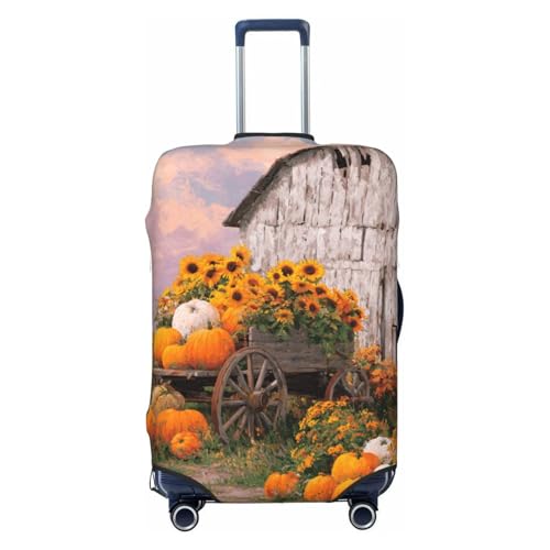 Wooden Wagon Pumpkins Sunflowers Elastic Travel Luggage Covers Dustproof Scratch-Resistant Suitcase Protector Fit 22-24 Inch