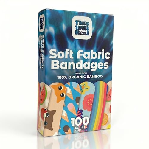 THIS WILL HEAL Eco-Friendly Bandages | Soft Fabric from 100% Organic Bamboo | Fun Colorful Designs | Non-Toxic Latex-Free Plastic-Free | 100 Count