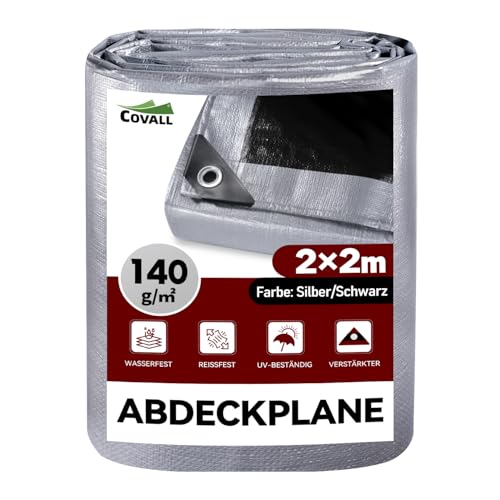 COVALL Abdeckplane mit Ösen Wasserdicht Gewebeplane Plane Tarp Schwerlast 2x2m Schutzplane Abdeckung Bauplane Bodenplane 140g/m² Silber/Schwarz Dach LKW Camping Zelt BAU Garten