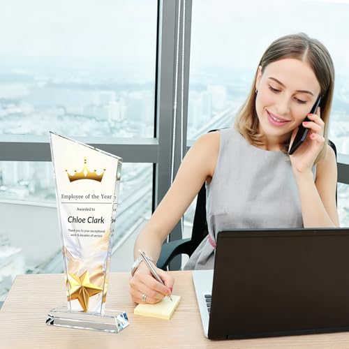 Image of Custom Crystal Trophy Award Personalized Plaque Award with Text Logo Photo Awards Trophies for Employee Recognition Team Graduation Personalized Office Gifts for Boss Coworker Teacher