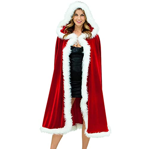 Christmas Halloween Costumes Cloak Mrs. Claus Santa Xmas Velvet Hooded Cape Robe Cute Faux Fur Shawl Wrap with Hood