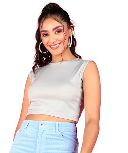 Image of POPWINGS Casual Self-Design Round-Neck Sleeveless Crop Top for Women || Summer Wear Crop Tops for Women || Stylish Western Regular Wear Women Crop Tops