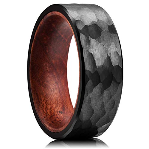 King Will 8mm Black Tungsten Carbide Ring Inner Hole Inlaid Wood Hammered Texture Flat Style 10.5