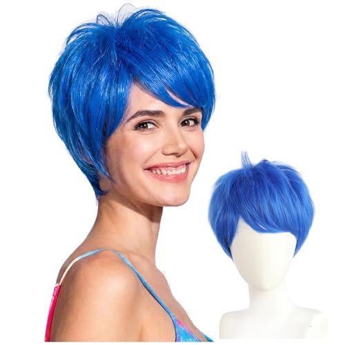 HUNIGIR Blue Wig Short Layered Blue Wig Girls Blue Anime Hair Women Heat Resistant Synthetic for Cosplay Costume Party
