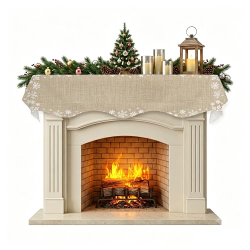 Beige Snowflake Christmas Mantel Scarf for Fireplace Decorations, Xmas Snowflake Rustic Winter Mantle Shelf Top Scarf Runner for Christmas Thanksgiving Fall Home Living Room Mantel Decor 90"x17"