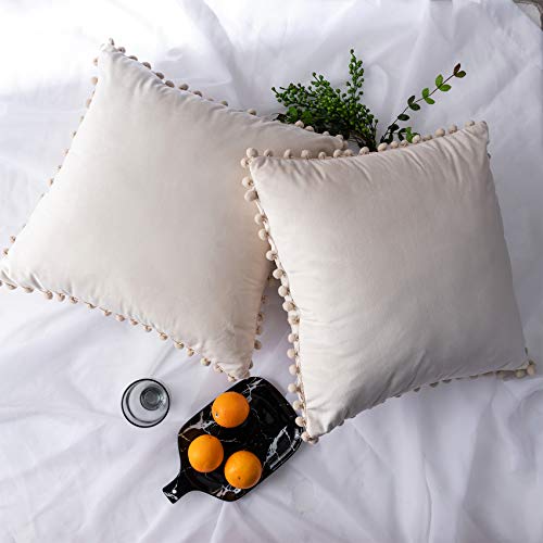 NATUS WEAVER Decorative Throw Pillow Covers with Pom-poms Soft Velvet Solid Cushion Covers 20 X 20 for Sofa Couch Bedroom Car, Pack of 2, Ivory