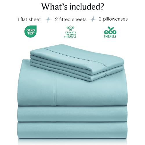 Image of LuxClub 5 PC Split King Sheet Set, Breathable Luxury Bed Sheets, Deep Pockets 18 inch Eco Friendly Wrinkle Free Cooling Sheets Machine Washable Hotel Bedding Silky Soft - Aqua Split King