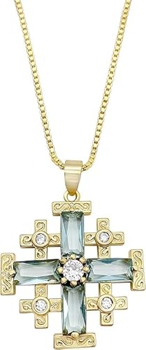 Nazareth Store 18k Yellow Gold Plated Crusaders Jerusalem Cross Pendant with Crystallized Blue Topaz and 20