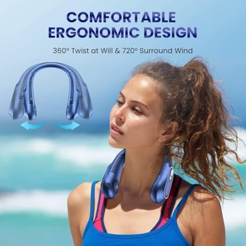 Image of Portable Bladeless Neck Fan - USB Rechargeable, Hands-Free Personal Fan with 360 Rotation & 3 Speeds - Quiet Wearable Portable Electric Grinder for Home and Office (Blue)