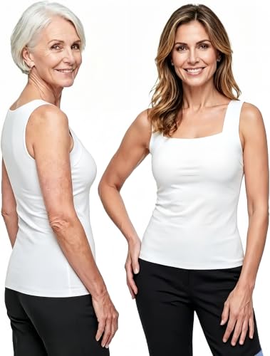 Avulea Womens Tank Top with Built-in Bra Seamless Shapewear Square Neck Hip-Length Non-Roll Hem (US Alpha (Alpha) L Regular Regular White)