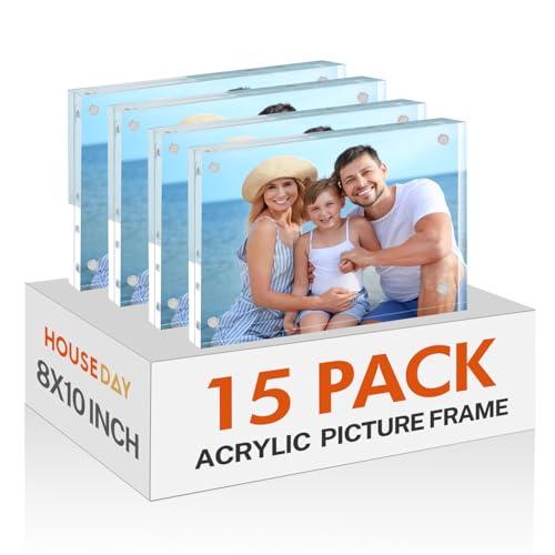 Image of HOUSE DAY Acrylic Picture Frames 8x10, 15 Pack Magnetic 8x10 Picture Frame, Double Sided Clear 8 x 10 Photo Frame with Microfiber Cloth Frameless FreeStanding 8x 10 Frame Gift for Desktop Display