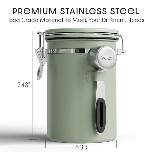 Image of Veken Coffee Canister with Window, Airtight Stainless Steel Container, 22OZ | Date Tracker,Kitchen Food Storage Organizers for Beans, Ground, Espresso, Rice,Tea, Sugar,Cereal, Gifts,Lids,Jars,Scoop,Green