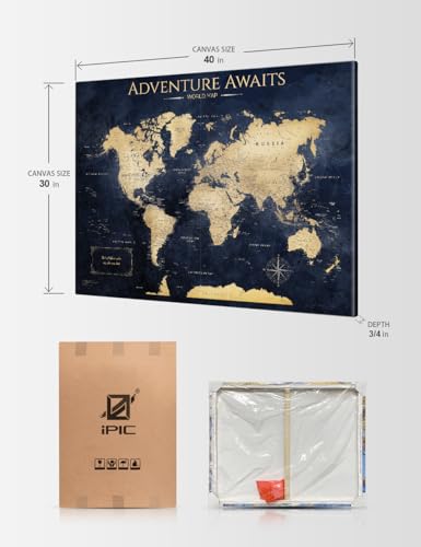 Image of IPIC - Push Pin World Map Canvas Wall Art, Oversized World Travel Map Print To Track Your Travels, Pinnable Wall Decor for Home, Office, Study or RV, Ready to Hang, Made in USA