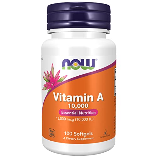 Now Foods Vitamina A 10000IU, 3000mcg, da palmitato di retinile e olio di fegato di merluzzo, ad alto dosaggio, 100 capsule, Testato in Laboratorio, Senza Glutine, Senza Soia, Non-GMO