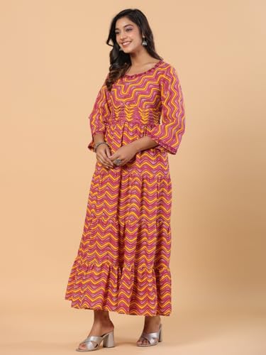Image of SAVI Women's Pink Cotton Printed Tiered Maxi Dress | Round Neck | 3 /4 Sleeves | Gathered Waist | Flared Long Dress | Casual & Ethnic Wear