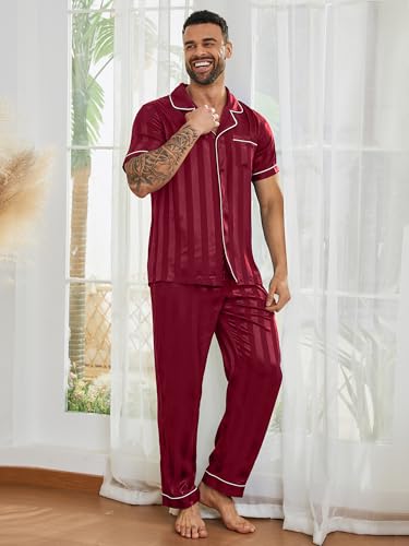 DEARCASE Mens Silk Satin Pajama Set Short Sleeve Sleepwear Wine Red Stripe Medium Classic Lightweight Button Down Loungewear with Long Pants For Father Boyfriend Husband by DEARCASE - Image 8