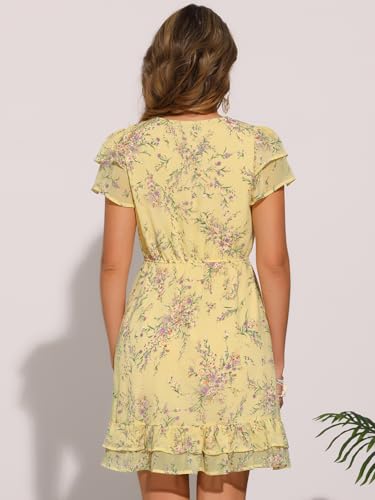 Image of Allegra K Women's Ruffle Sleeve Self-Tie V Neck Flowy Ruffled A-Line Floral Chiffon Dress
