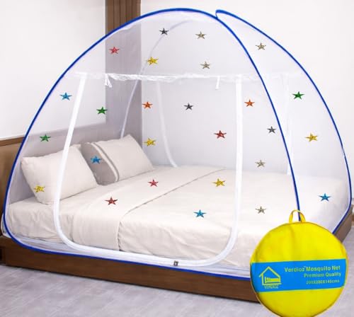 Image of VERDIOZ Mosquito Net for Double Bed King Size with Multicolor 3cm Glittery Star Design | Strong 28 GSM White Net | White PVC Coated Steel Wire | 2 Doors Foldable Machardani - (Blue with Stars)