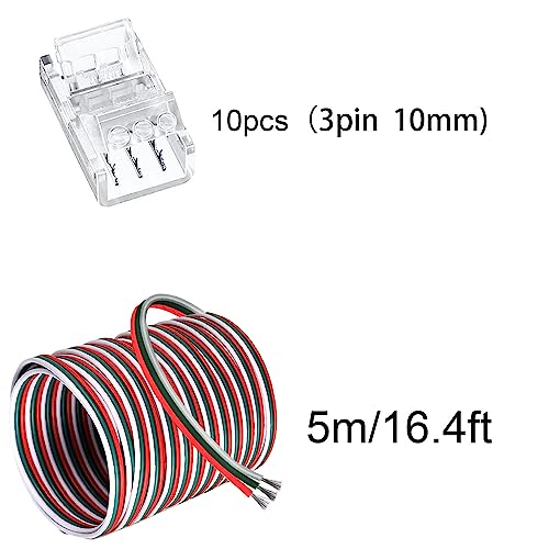 RUNCCI-YUN 10 Pcs LED Light Connector 3 Pin 10mm LED Strip Connector Solderless with 16.4ft DC 12V led Wire for Waterproof or Non-Waterproof 10mm Wide WS2811 WS2812 WS2812B LED Strip Lights - Image 2