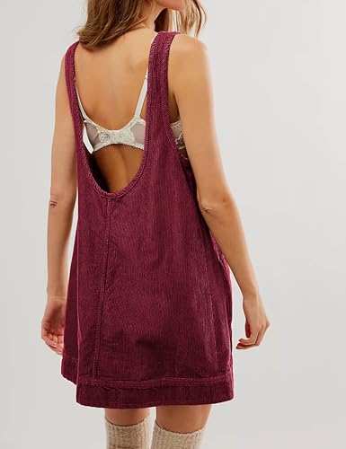 Image of Hooever Women's Corduroy Overall Dress Round Neck A Line Skirtall Jumper Mini Dress Pinafore with Pockets