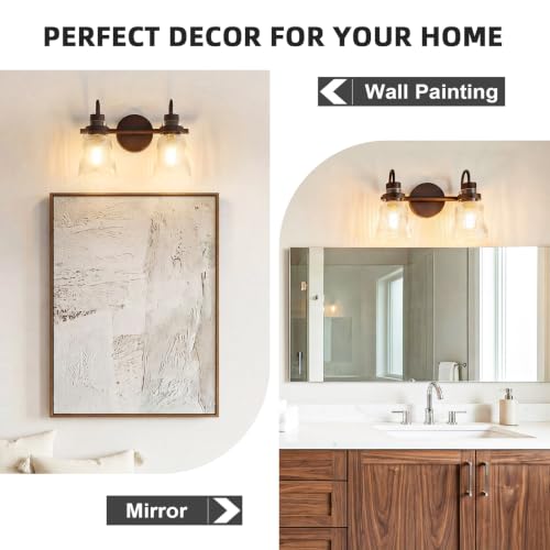 Image of 2-Light Bathroom Vanity Light, 13.8 Inch Farmhouse Bathroom Light Fixtures with Clear Striped Glass Shade, Oil Rubbed Bronze Wall Sconce Lighting Over Mirror for Bedroom Hallway Cabinet