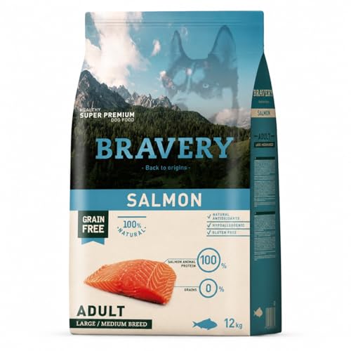Bravery Adult Medium Large Crocchette Cane Adulto con Salmone, Mangime Secco Grain Free Gluten Free, Alimento Super Premium per Cani Taglia Media e Grande, 12 kg