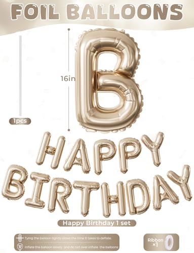 Image of Champagne Gold Happy Birthday Balloon Banner, 16-Inch Foil Letter Balloons, Elegant Birthday Decorations for Women Girls, Adult Birthday Party Photo Backdrop