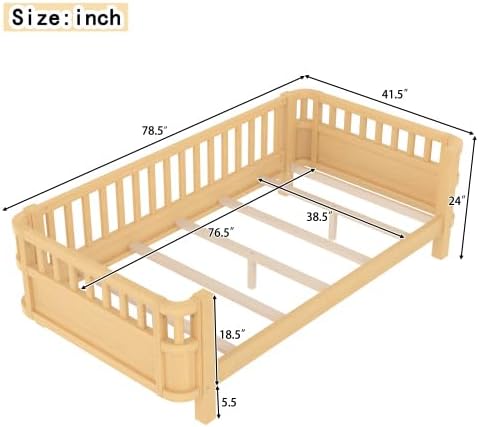 Harper & Bright Designs Twin Size Kids Bed with Detachable Fence and Guardrails, Wooden Twin Platform Bed Frame, Low Profile & Rounded Corners Design for Boys & Girls, Natural