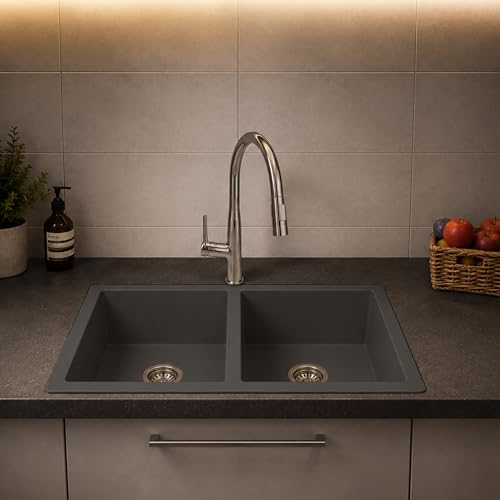 Image of Carysil DOLCE UK Quartz Kitchen Sink 34 x 20 x 8 inches, Single Bowl, 80% Quartz & 20% Resin, Heat Resistant 300C, 50kg Load, Scratch & Stain Resistant, Granite Sink, 304 SS Coupling - Whisper Grey