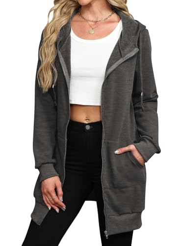Locryz Women's Casual Pockets Zip Up Hoodies Fleece Tunic Sweatshirt Long Hoodie Jacket Coat