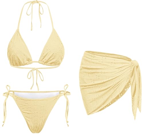 Light Yellow Women 3 Piece Swimsuits - Sexy Triangle Bikini Sets with Cover Up Halter String Tie Side Bathing Suits M