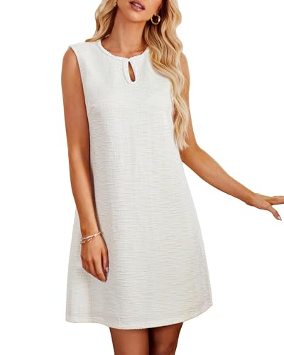 GRACE KARIN Sleeveless Dresses for Women Elegant A Line Mini Dresses Tweed Jacquard Keyhole Tank Dress White L