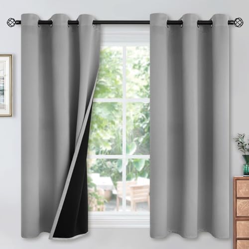 Image of YoungsTex 100% Blackout Curtains Thermal Insulated Grommet Top Total Blackout Window Curtains for Bedroom with Black Back, 2 Panels, Light Grey, 42 x 45 Inch