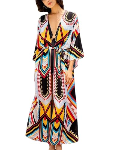 Image of Women's Kimono Cover Up Long Beach Dress Swimsuit Cover Ups Colorful Cardigan Lightweight Robe for Swimwear