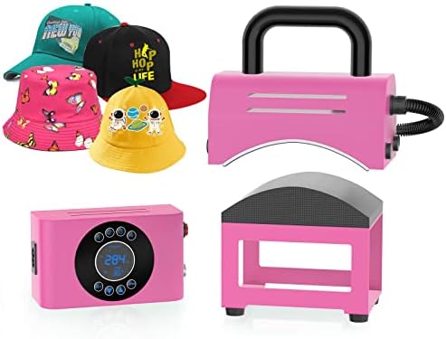 Gymolo Hat Heat Press,Curved Heating Plate and Curved Panel for Easy Press and Fit of Caps,4 preset time and Temperature Settings Small Portable Hat Heat Press Machine for Hats, Wristbands，Bags(Pink)